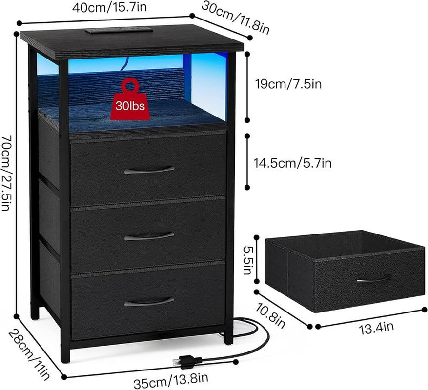 Black Night Stand with Charging Station, LED Lighting, USB Ports, Outlets, and 3 Fabric Storage Drawers with PU Finish