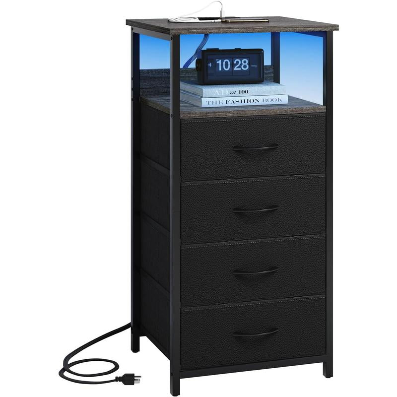 Black Night Stand with Charging Station, LED Lighting, USB Ports, Outlets, and 3 Fabric Storage Drawers with PU Finish