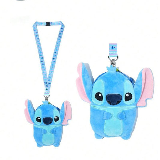 1PC Disney Officially Licensed Stitch and Angel Card Bag Cute Cartoon Card Holder with Zip Lanyard Keychain Soft Plush Hand Feel Coin Purse Card Holder for Family Teacher and Friend Funny Birthday Christmas Day Gifts