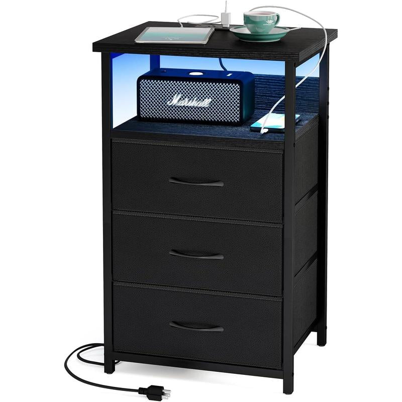 Black Night Stand with Charging Station, LED Lighting, USB Ports, Outlets, and 3 Fabric Storage Drawers with PU Finish