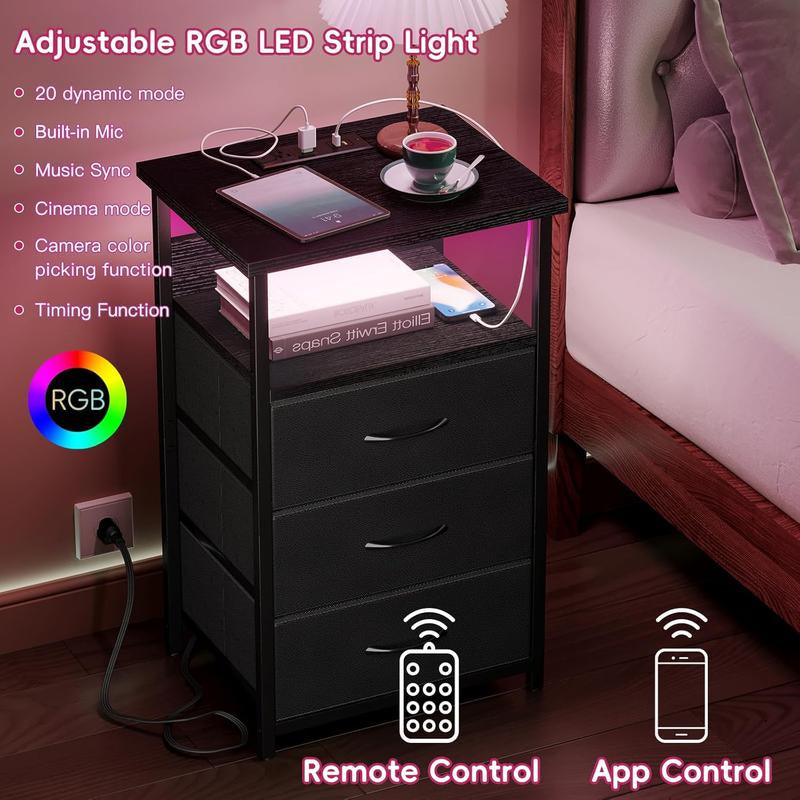 Black Night Stand with Charging Station, LED Lighting, USB Ports, Outlets, and 3 Fabric Storage Drawers with PU Finish