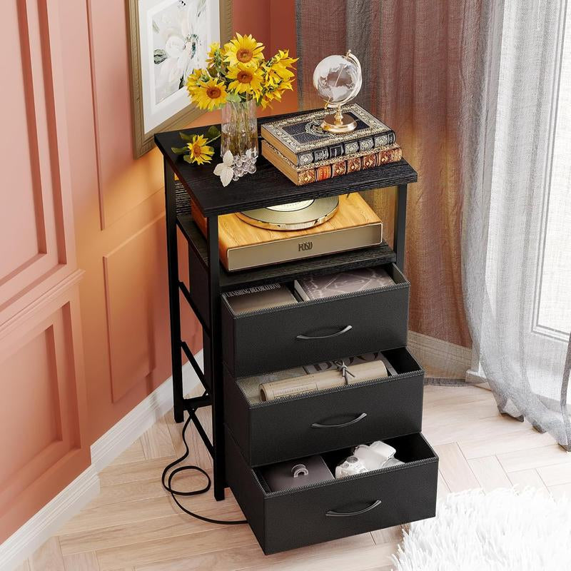 Black Night Stand with Charging Station, LED Lighting, USB Ports, Outlets, and 3 Fabric Storage Drawers with PU Finish