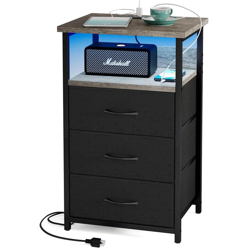 Black Night Stand with Charging Station, LED Lighting, USB Ports, Outlets, and 3 Fabric Storage Drawers with PU Finish