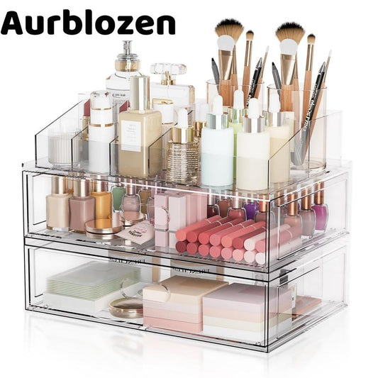 3 Tier Clear Stackable Makeup Organizer with Drawer, 12''W Acrylic Storage Drawers, Cosmetic Display Case for Vanity Bathroom Countertop, Beauty Holder for Lipstick Brush Skincare Perfume