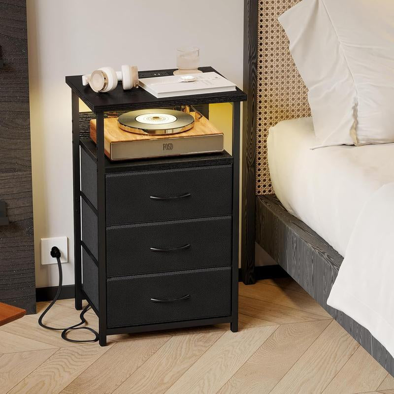 Black Night Stand with Charging Station, LED Lighting, USB Ports, Outlets, and 3 Fabric Storage Drawers with PU Finish