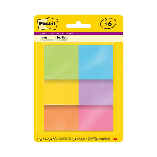 Post-It® Super Sticky Notes, 1 7/8 In. X 1 7/8 In., Energy Boost Collection, 6 Pads/Pack, 45 Sheets/Pad: Multicolor, Uncoated Paper
